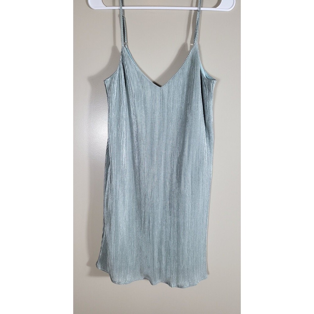 Lulus M Blue Metallic Pleated Mini Dress Slip Y2K Party Disco Cocktail Shimmer